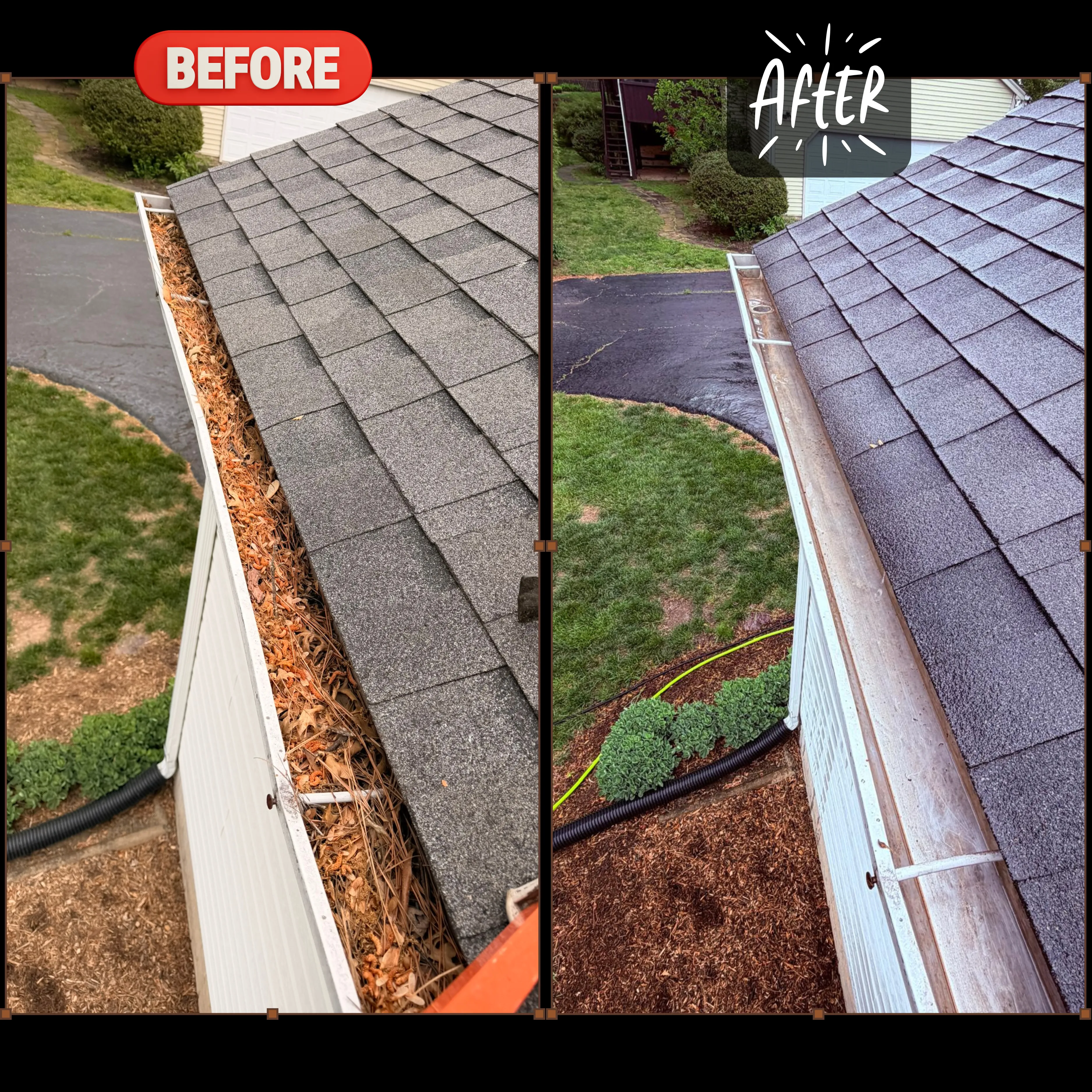 Cleaned gutters - before and after photos